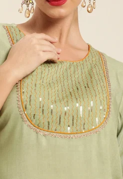 Embroidered Viscose Rayon Straight Kurta in Light Olive Green