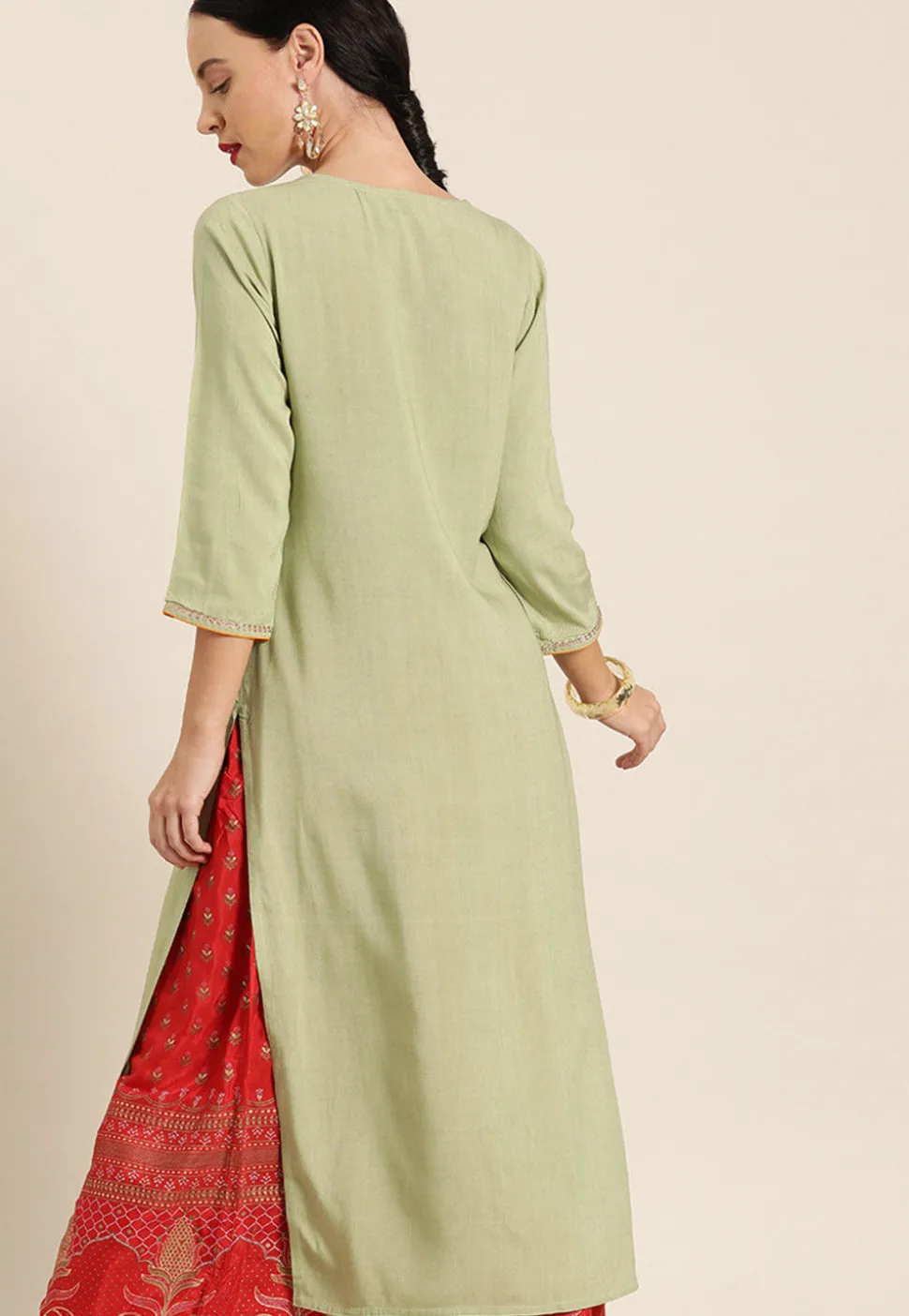 Embroidered Viscose Rayon Straight Kurta in Light Olive Green