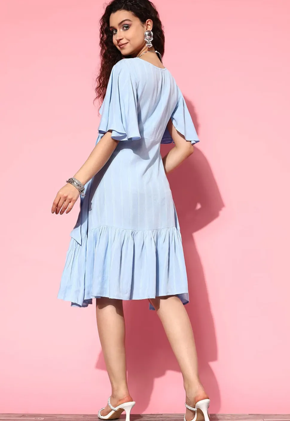 Embroidered Viscose Rayon Jacquard Fit N Flare Dress in Blue