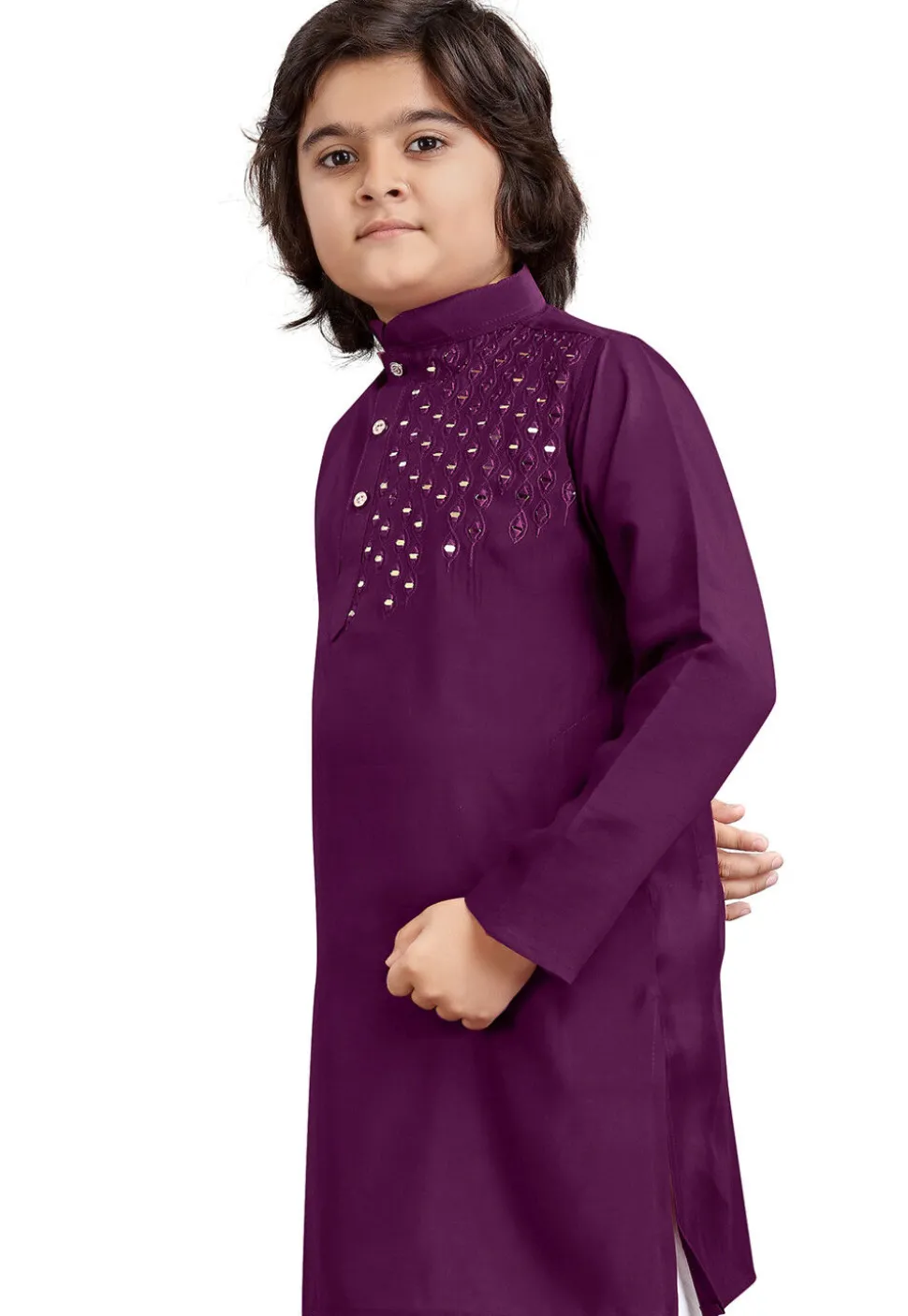 Embroidered Viscose Silk Kurta in Purple