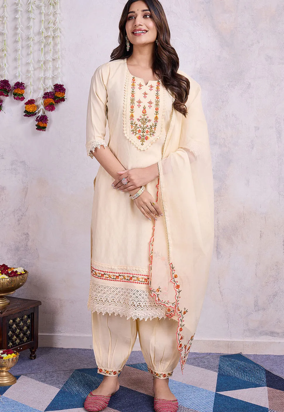 Embroidered Viscose Silk Punjabi Suit in Cream