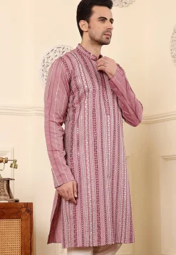 Embroidered Viscose Silk Kurta in Pink