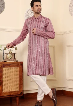 Embroidered Viscose Silk Kurta in Pink