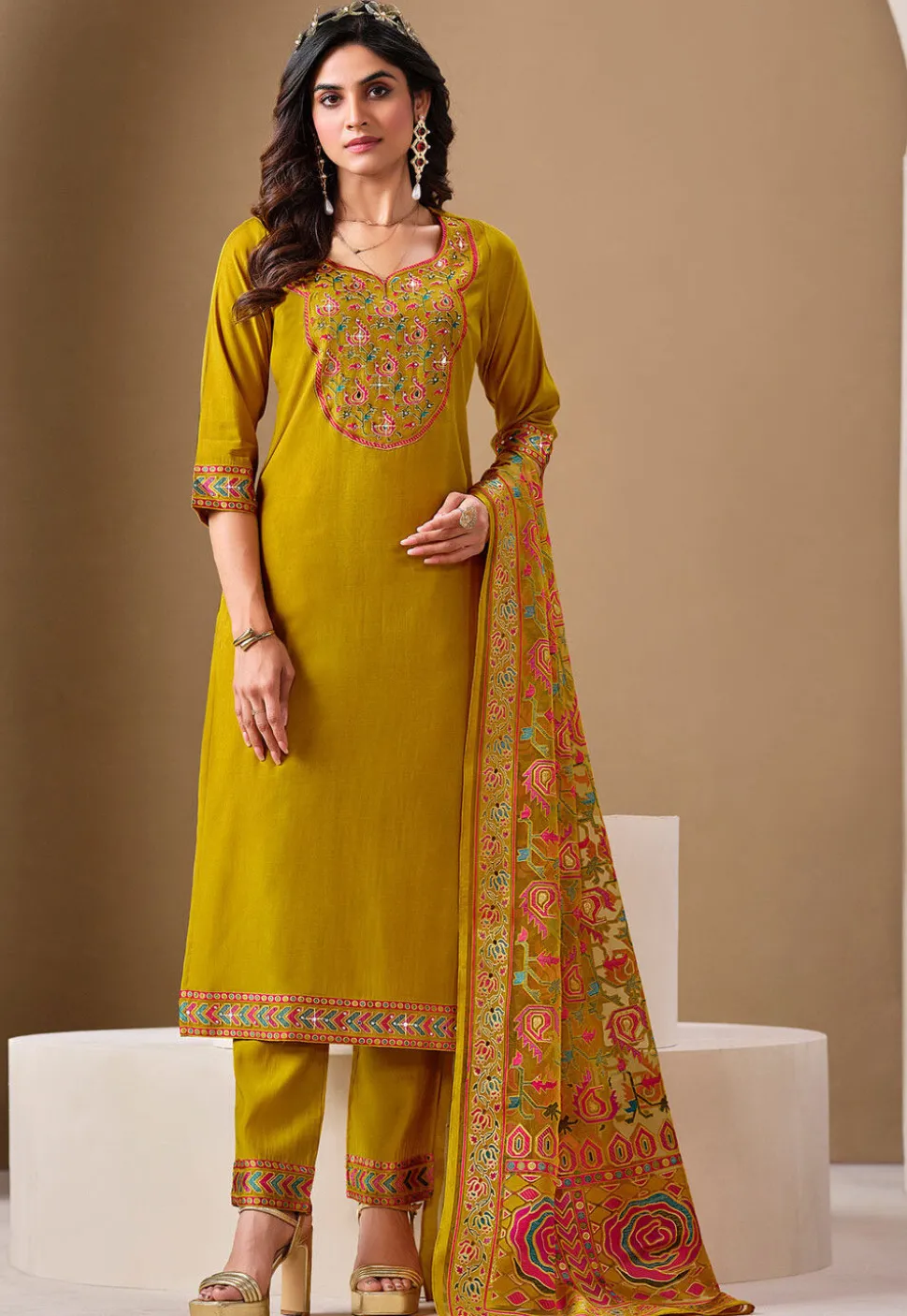 Embroidered Viscose Silk Pakistani Suit in Mustard