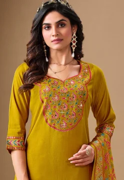 Embroidered Viscose Silk Pakistani Suit in Mustard