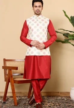 Embroidered Viscose Silk Kurta Set in Red and White