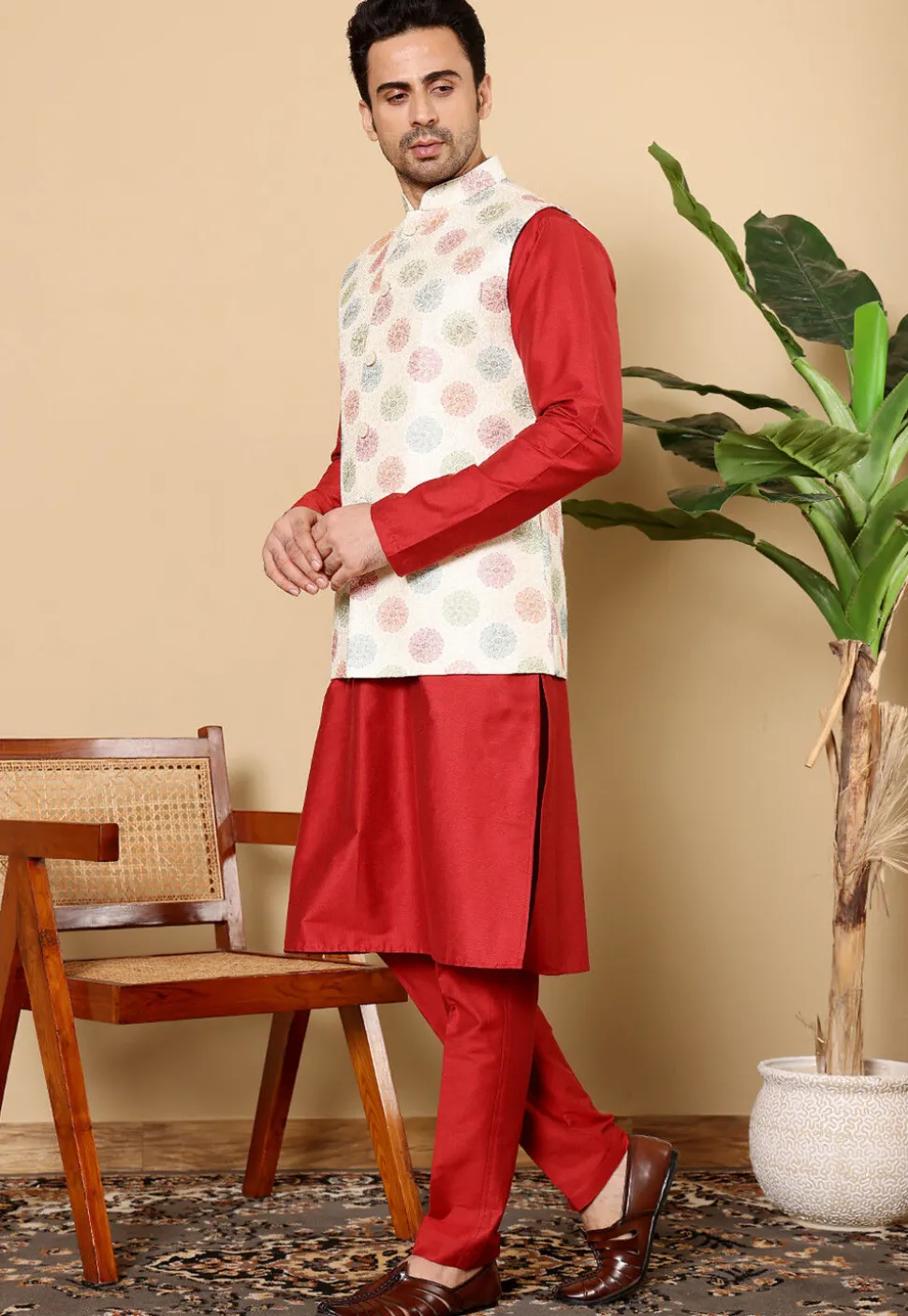 Embroidered Viscose Silk Kurta Set in Red and White