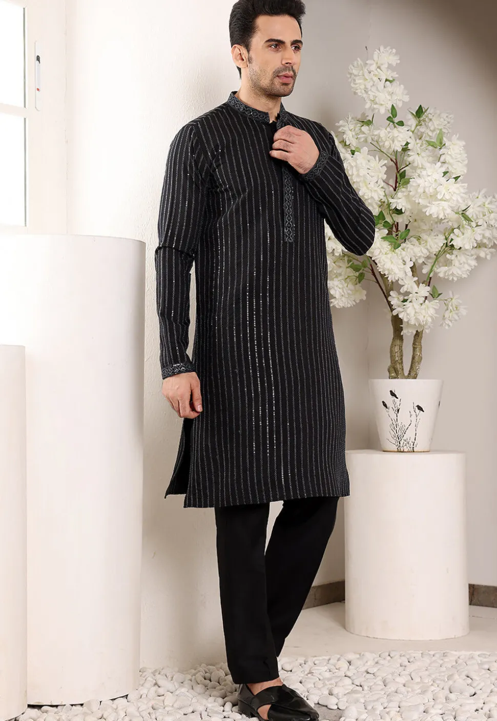 Embroidered Viscose Silk Kurta in Black