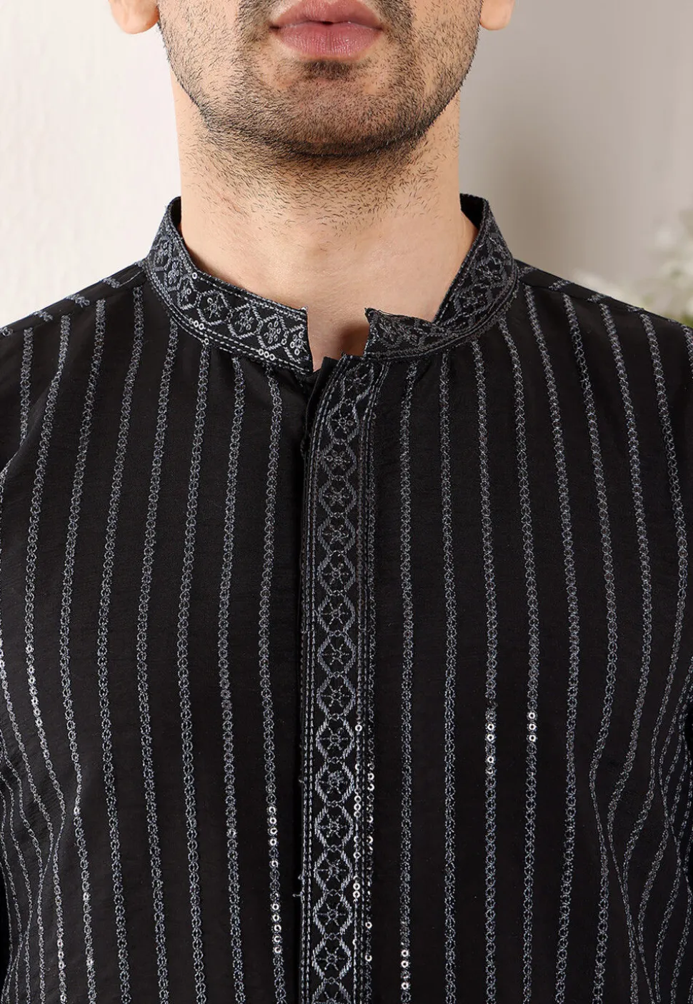 Embroidered Viscose Silk Kurta in Black