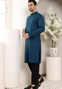 Embroidered Viscose Silk Kurta Set in Teal Blue