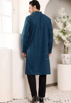 Embroidered Viscose Silk Kurta Set in Teal Blue