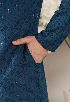 Embroidered Viscose Silk Kurta Set in Teal Blue