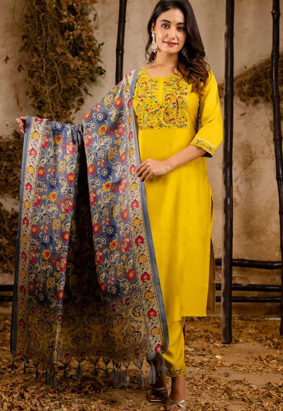 Embroidered Viscose Silk Pakistani Suit in Yellow