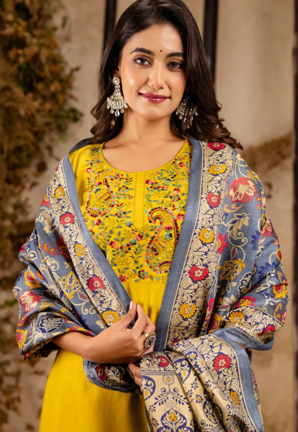 Embroidered Viscose Silk Pakistani Suit in Yellow