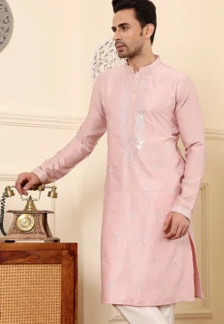 Embroidered Viscose Silk Kurta in Pink