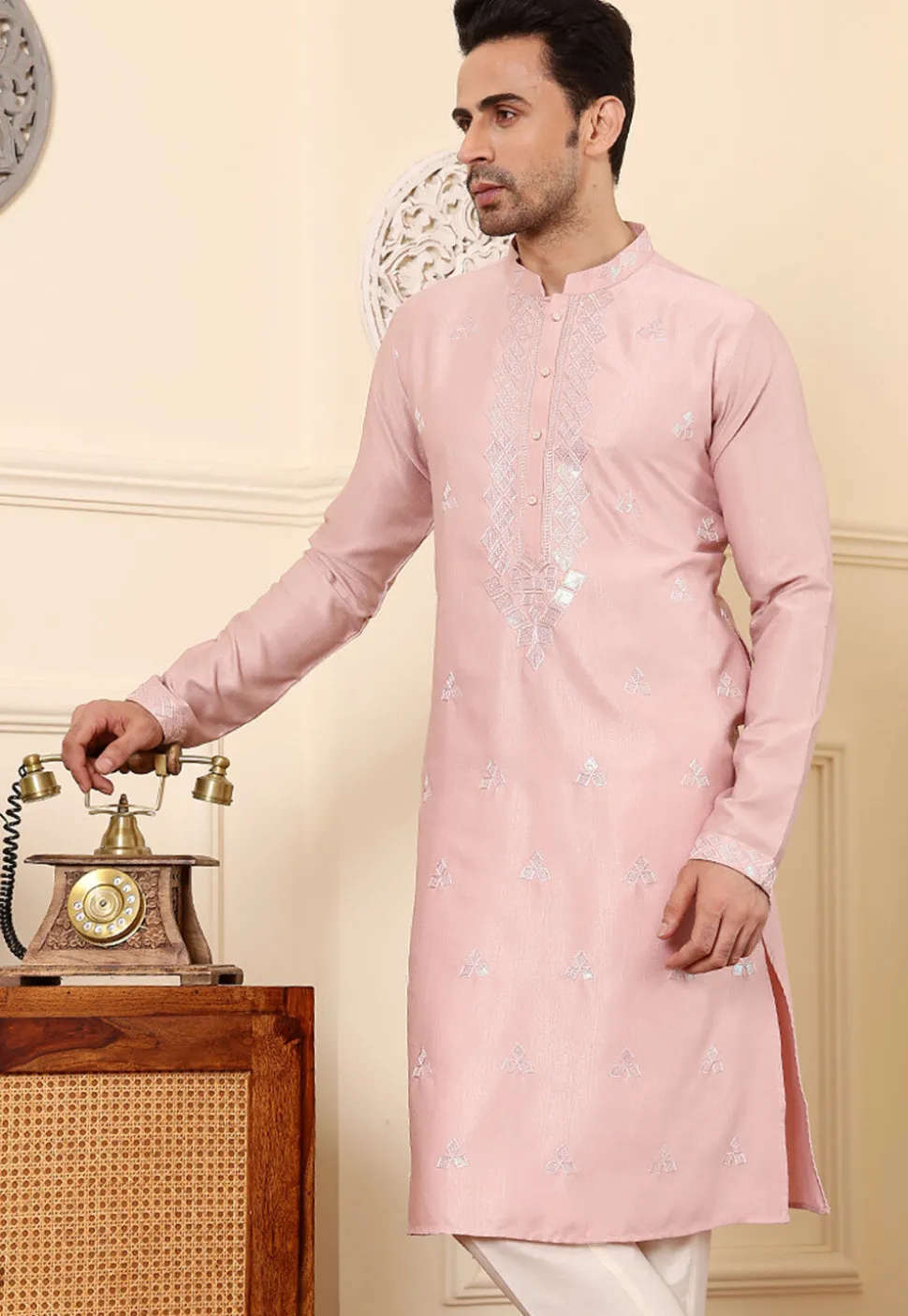Embroidered Viscose Silk Kurta in Pink