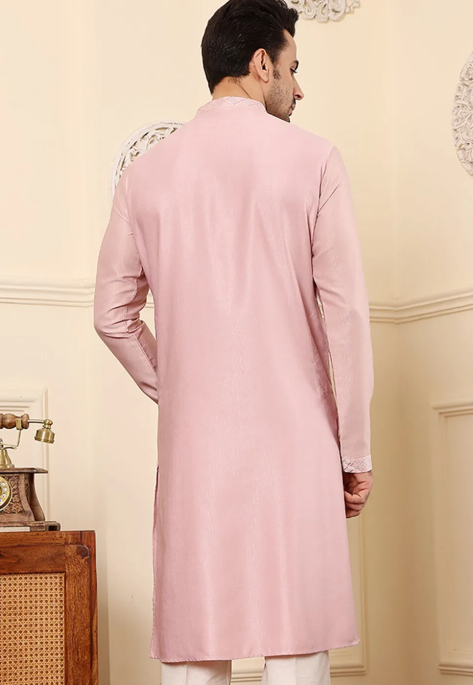 Embroidered Viscose Silk Kurta in Pink