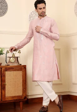 Embroidered Viscose Silk Kurta in Pink