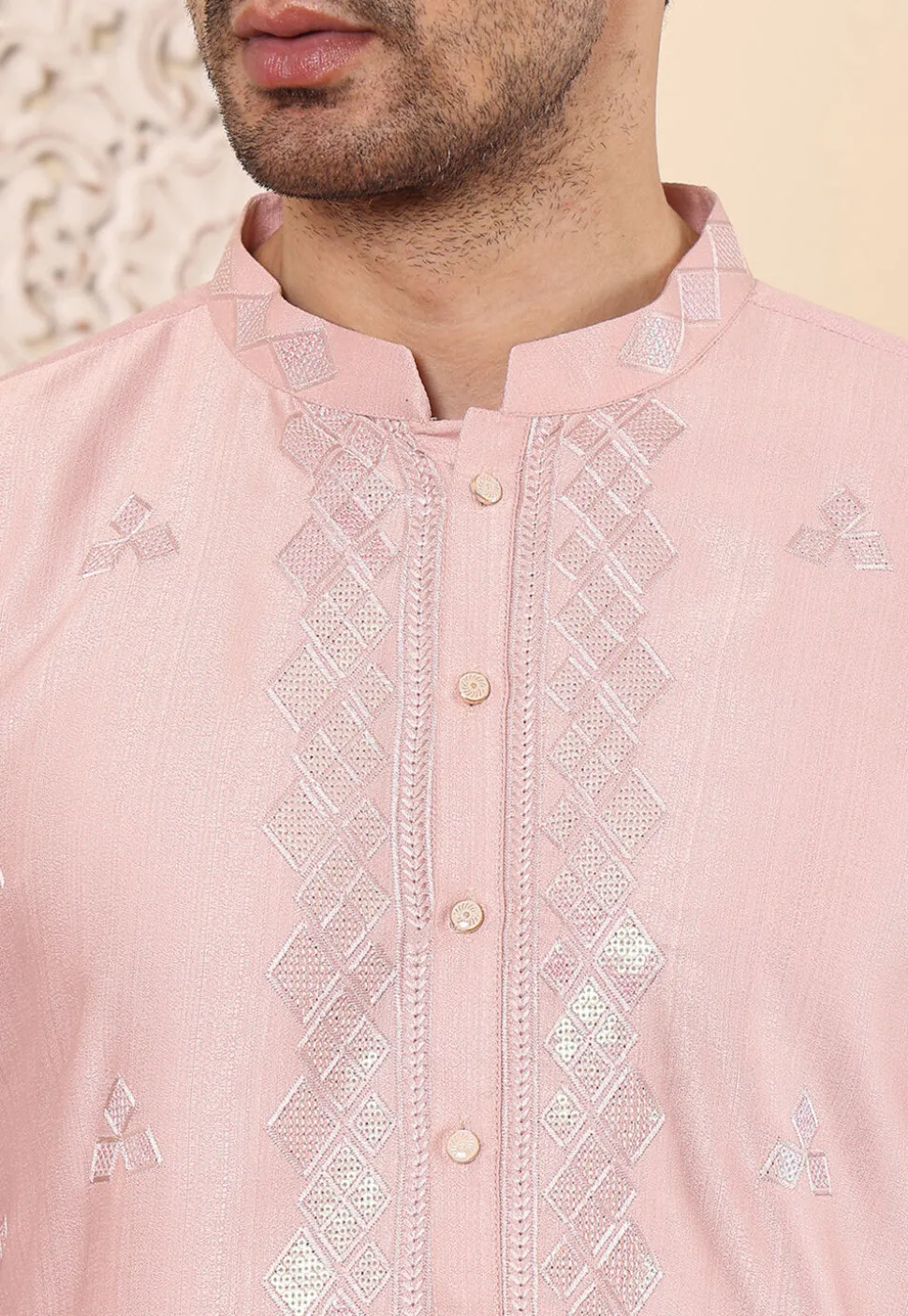 Embroidered Viscose Silk Kurta in Pink