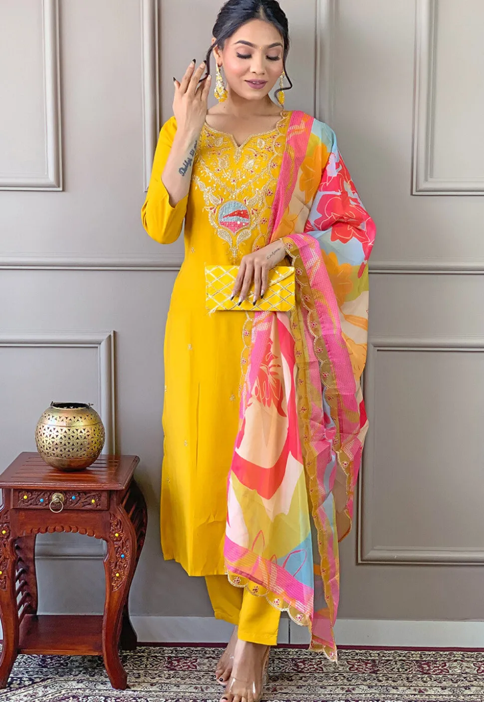 Embroidered Viscose Silk Pakistani Suit in Mustard