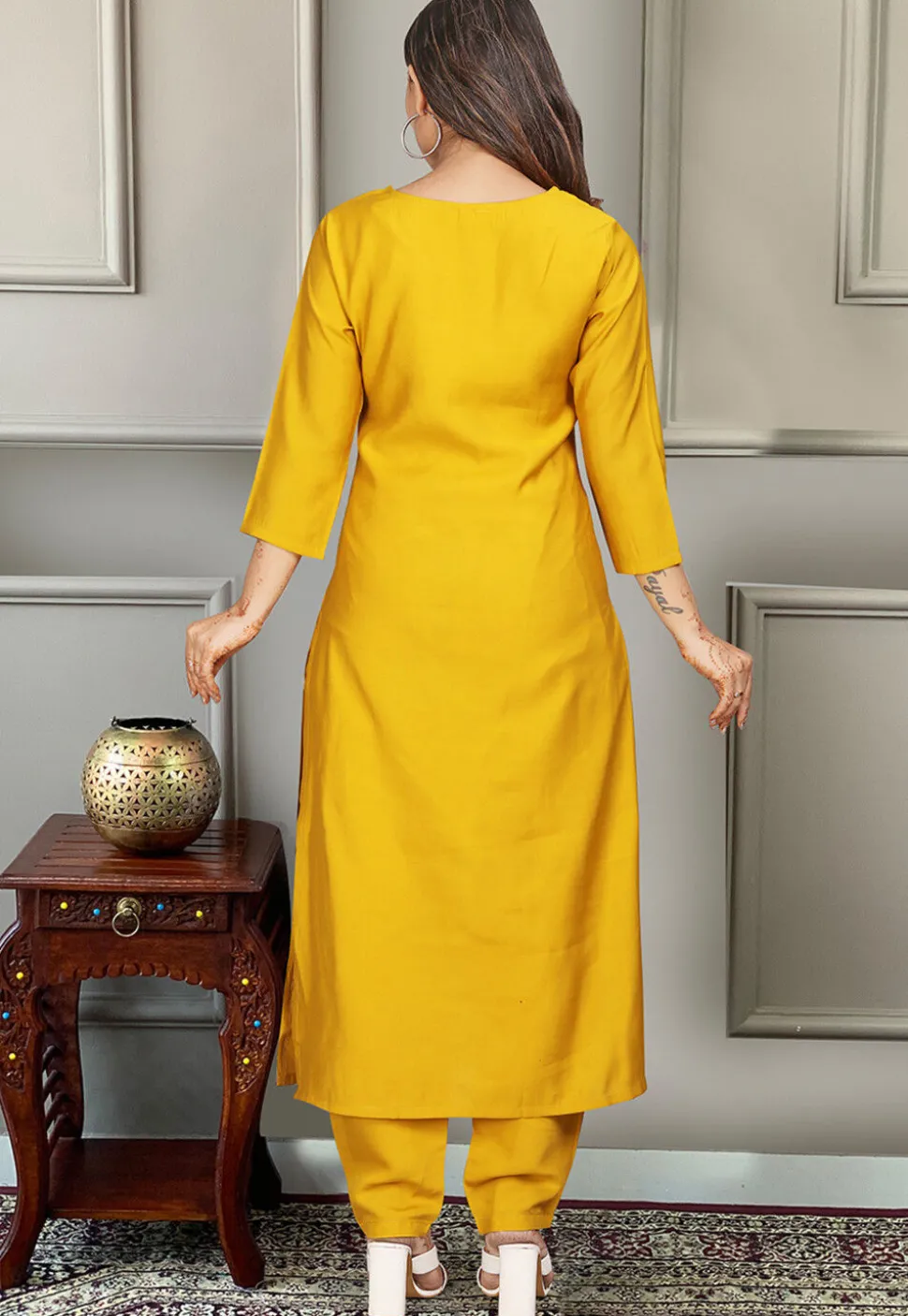 Embroidered Viscose Silk Pakistani Suit in Mustard