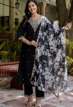 Embroidered Viscose Silk Pakistani Suit in Black
