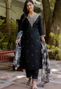 Embroidered Viscose Silk Pakistani Suit in Black