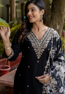 Embroidered Viscose Silk Pakistani Suit in Black