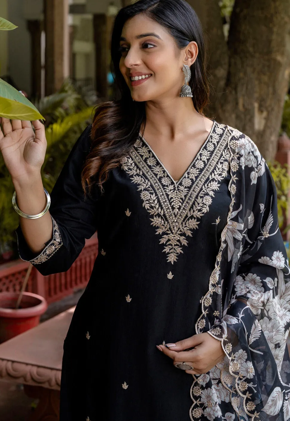 Embroidered Viscose Silk Pakistani Suit in Black