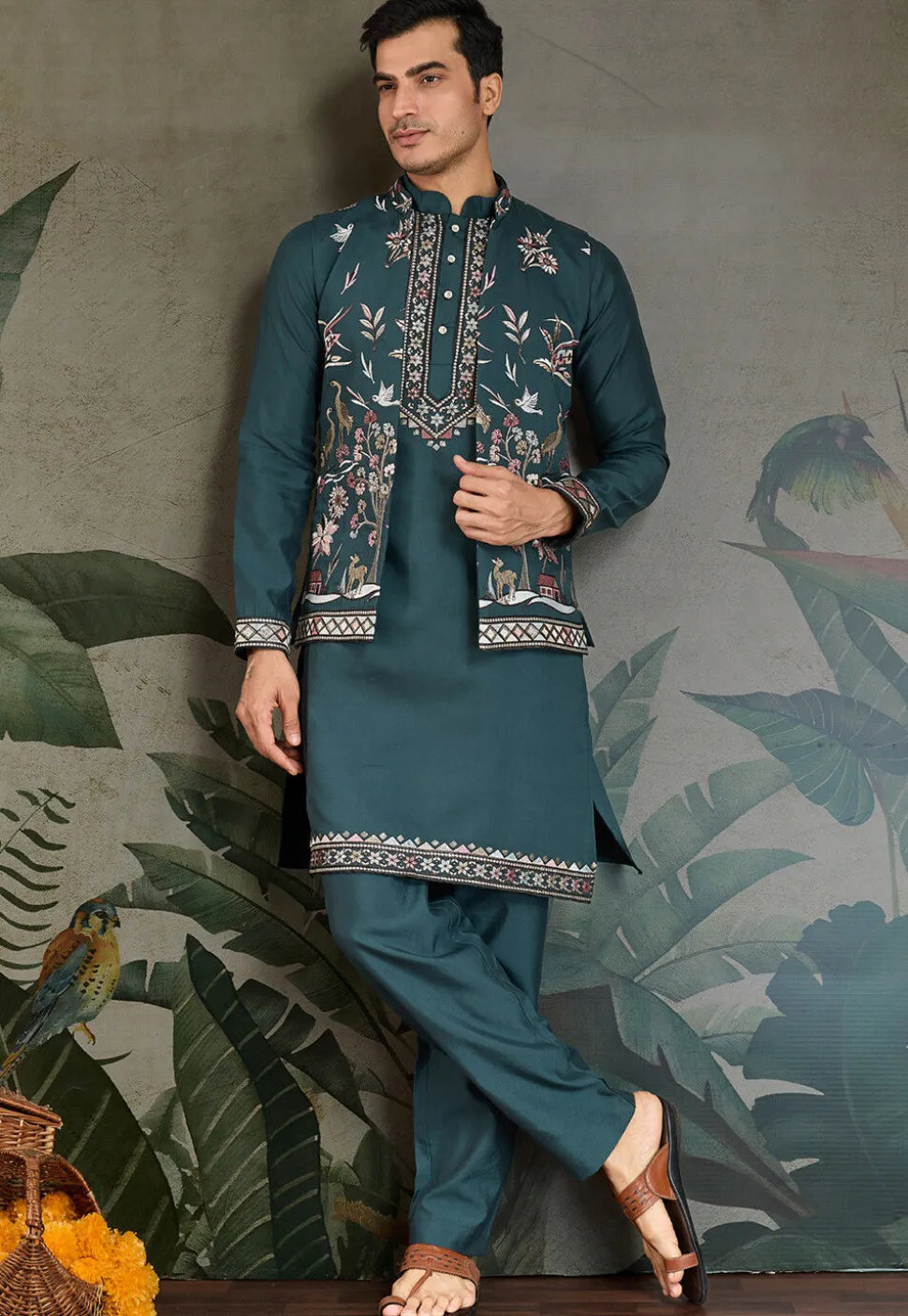 Embroidered Viscose Silk Kurta Set in Teal Blue