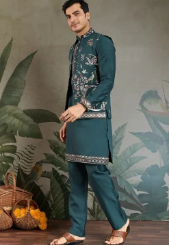 Embroidered Viscose Silk Kurta Set in Teal Blue