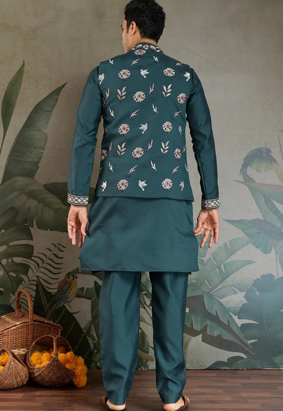 Embroidered Viscose Silk Kurta Set in Teal Blue