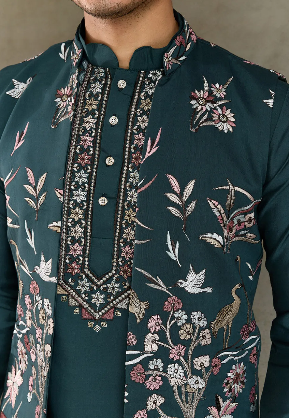 Embroidered Viscose Silk Kurta Set in Teal Blue