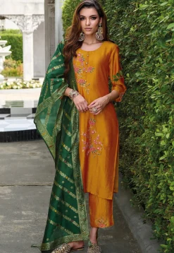 Embroidered Viscose Silk Pakistani Suit in Orange