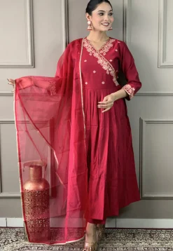 Embroidered Viscose Silk A Line Suit in Maroon