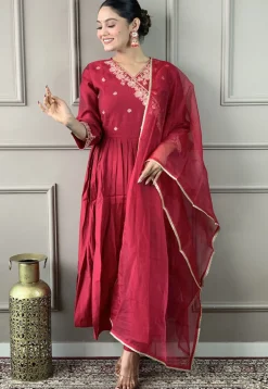Embroidered Viscose Silk A Line Suit in Maroon