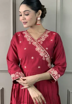 Embroidered Viscose Silk A Line Suit in Maroon