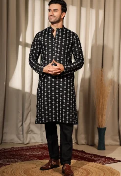 Embroidered Viscose Silk Kurta Set in Black