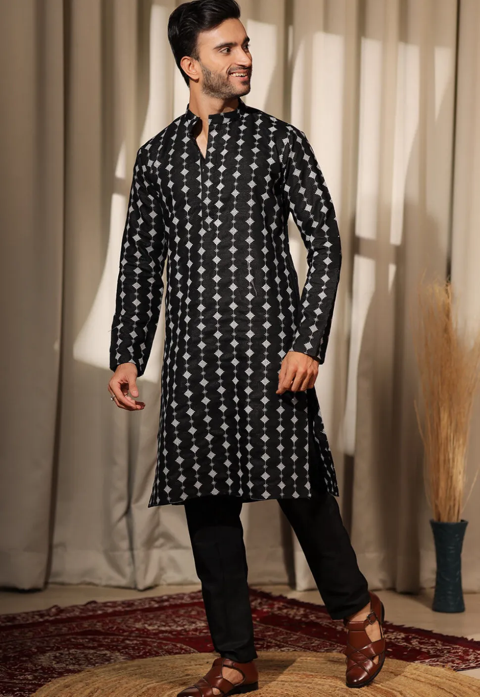 Embroidered Viscose Silk Kurta Set in Black