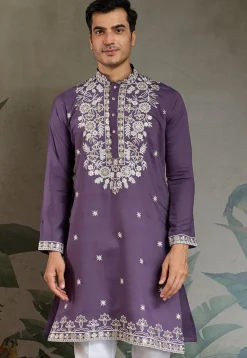 Embroidered Viscose Silk Kurta in Purple