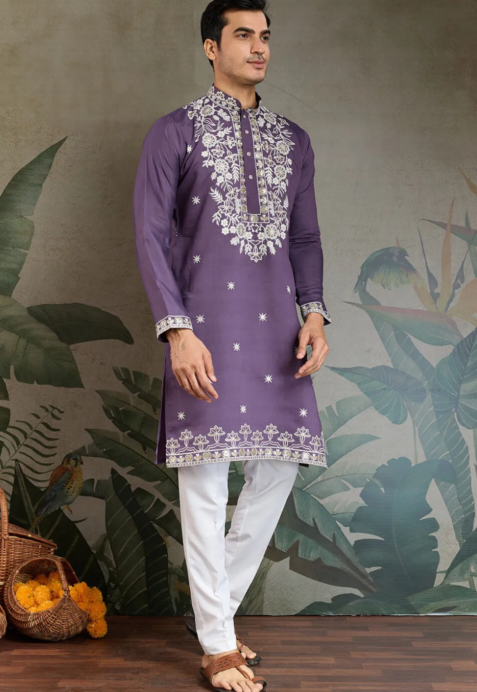 Embroidered Viscose Silk Kurta in Purple