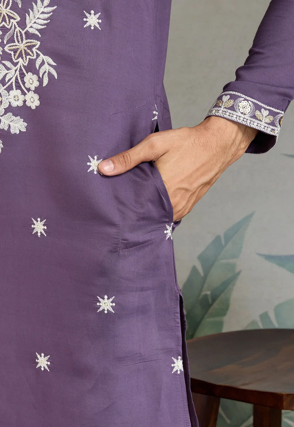 Embroidered Viscose Silk Kurta in Purple