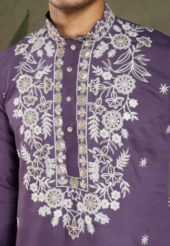 Embroidered Viscose Silk Kurta in Purple