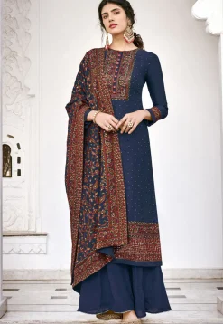 Embroidered Viscose Silk Pakistani Suit in Teal Blue