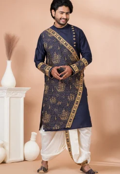 Embroidered Viscose Silk Angrakha Kurta Set in Navy Blue
