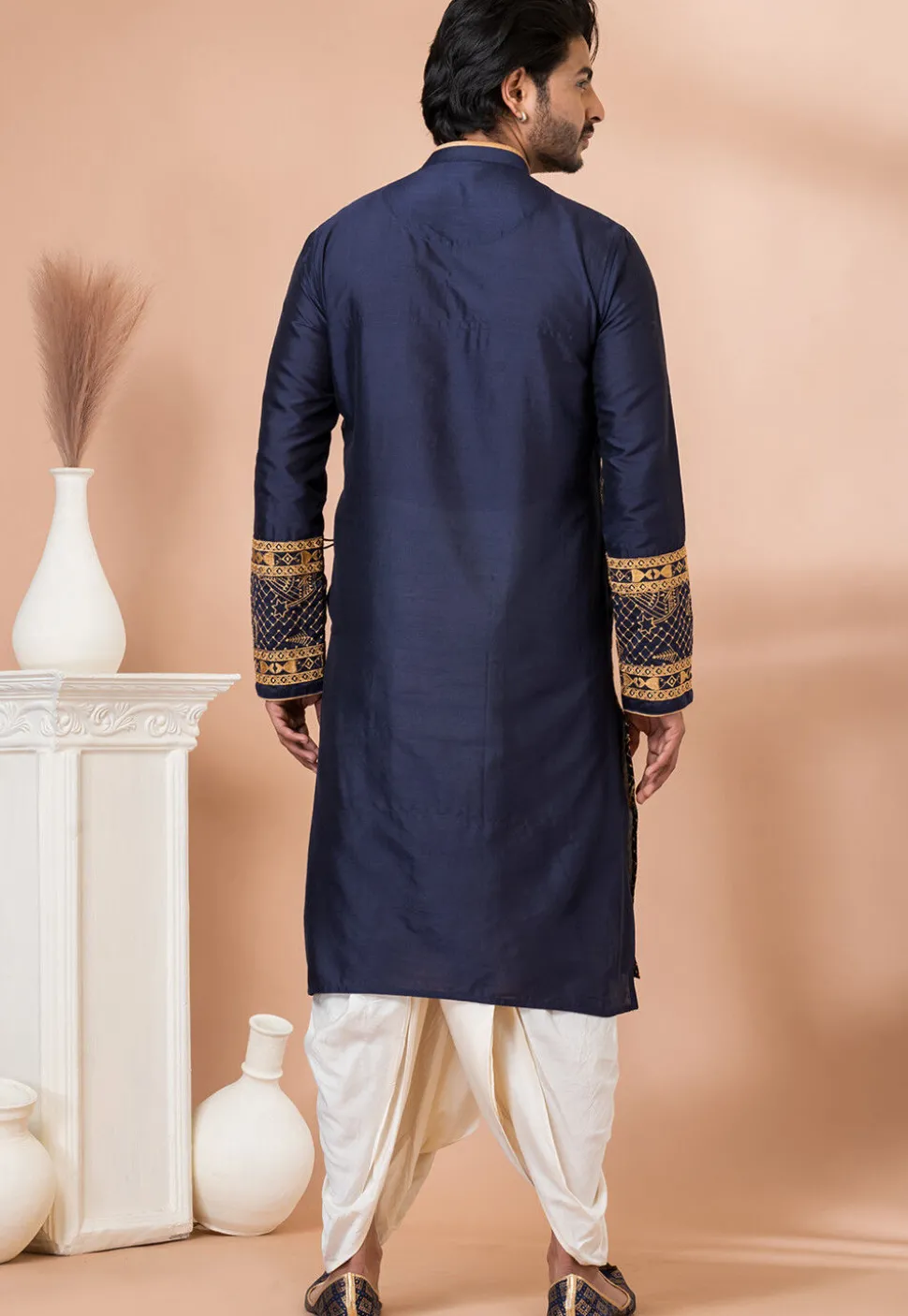 Embroidered Viscose Silk Angrakha Kurta Set in Navy Blue