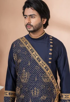 Embroidered Viscose Silk Angrakha Kurta Set in Navy Blue