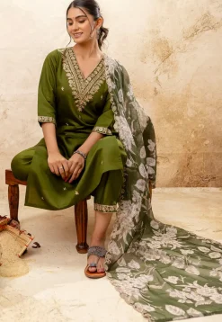 Embroidered Viscose Silk Pakistani Suit in Olive Green