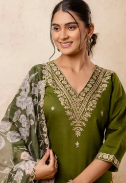 Embroidered Viscose Silk Pakistani Suit in Olive Green
