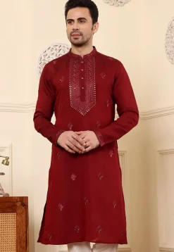 Embroidered Viscose Silk Kurta in Maroon